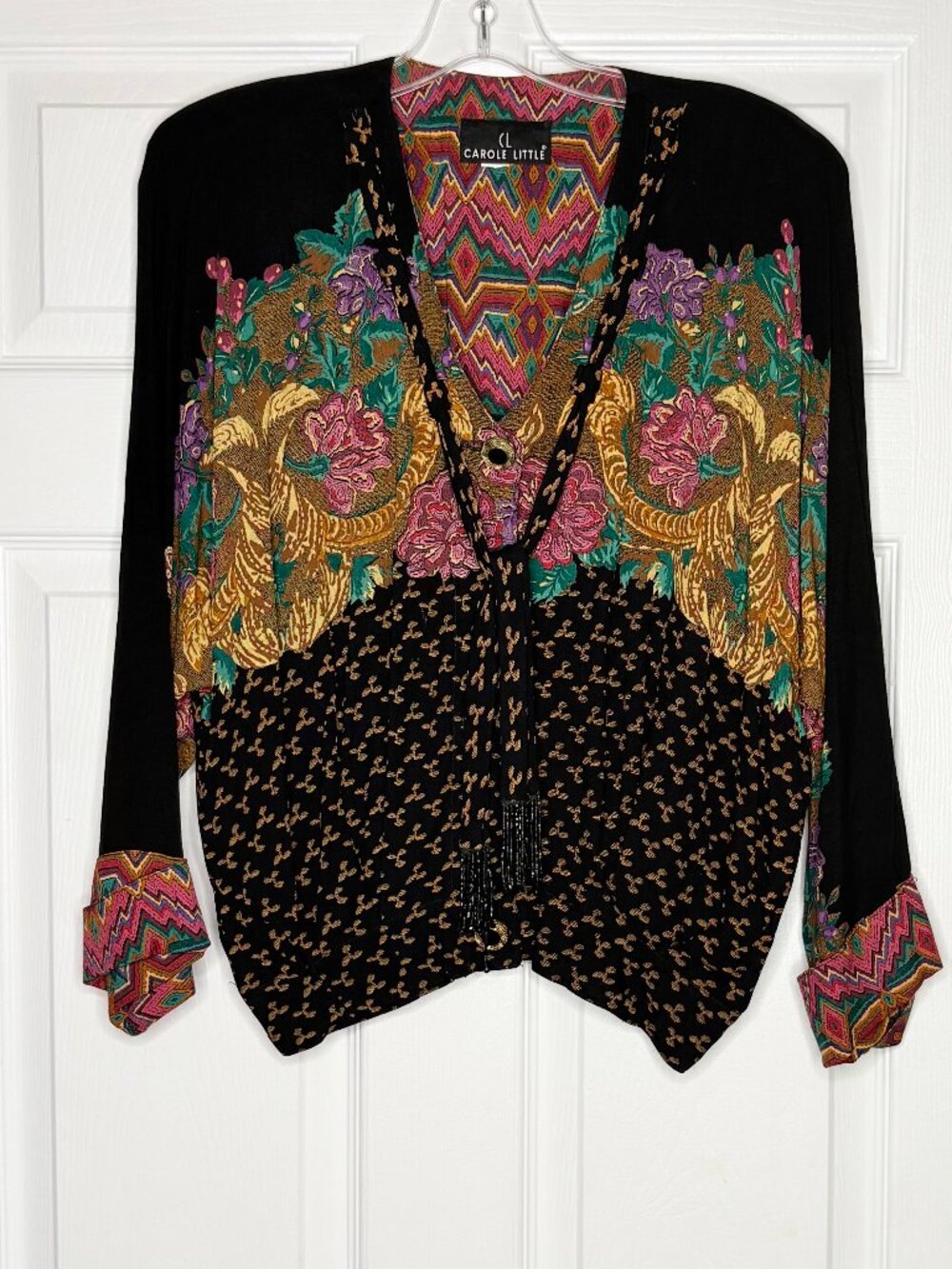Vintage Carole Little Mixed Print Blouse 90s Rayon Crepe Batwing Boho S M